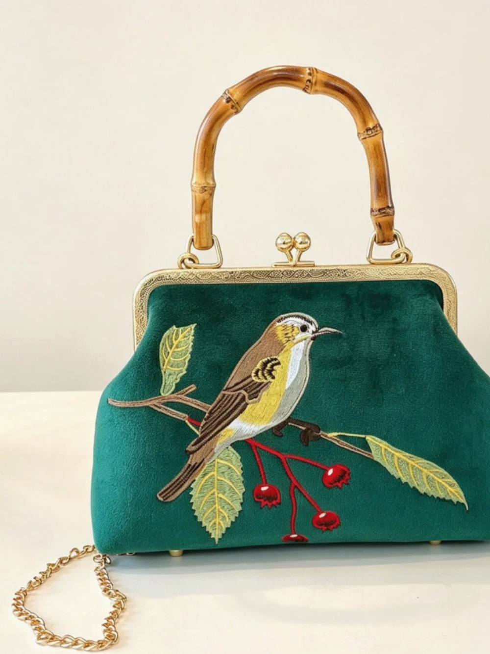 Mahjong BIRD TILE Green Velvet Bird-Embroidered Satchel with Bamboo Handle